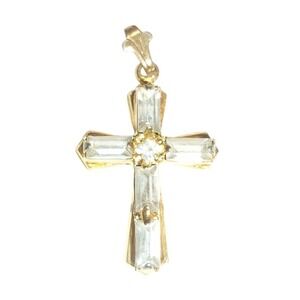 Gold Tone Cross Pendant Necklace Rhinestone Baguette Crystal Religious Charm